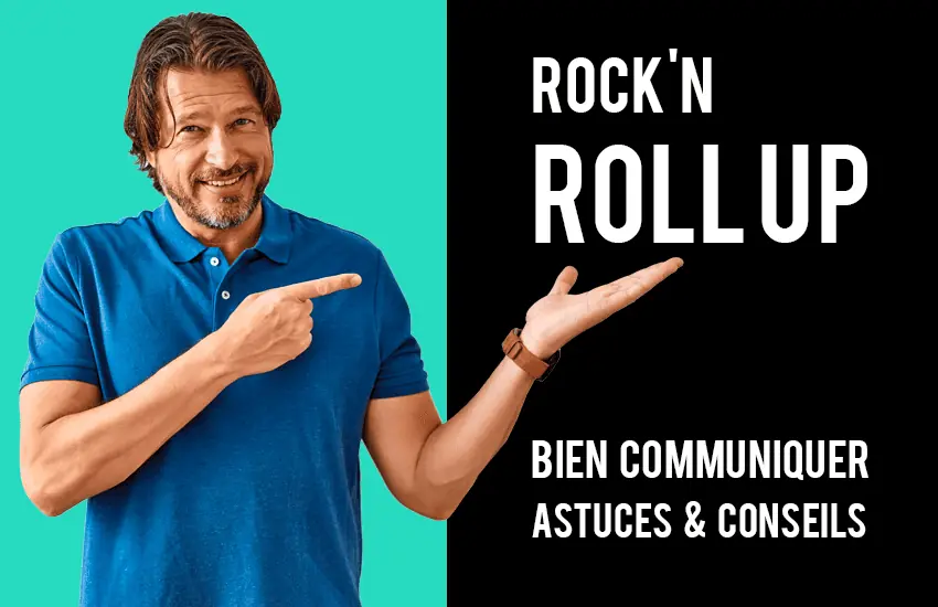 Un homme montrant les mots rock n roll up.